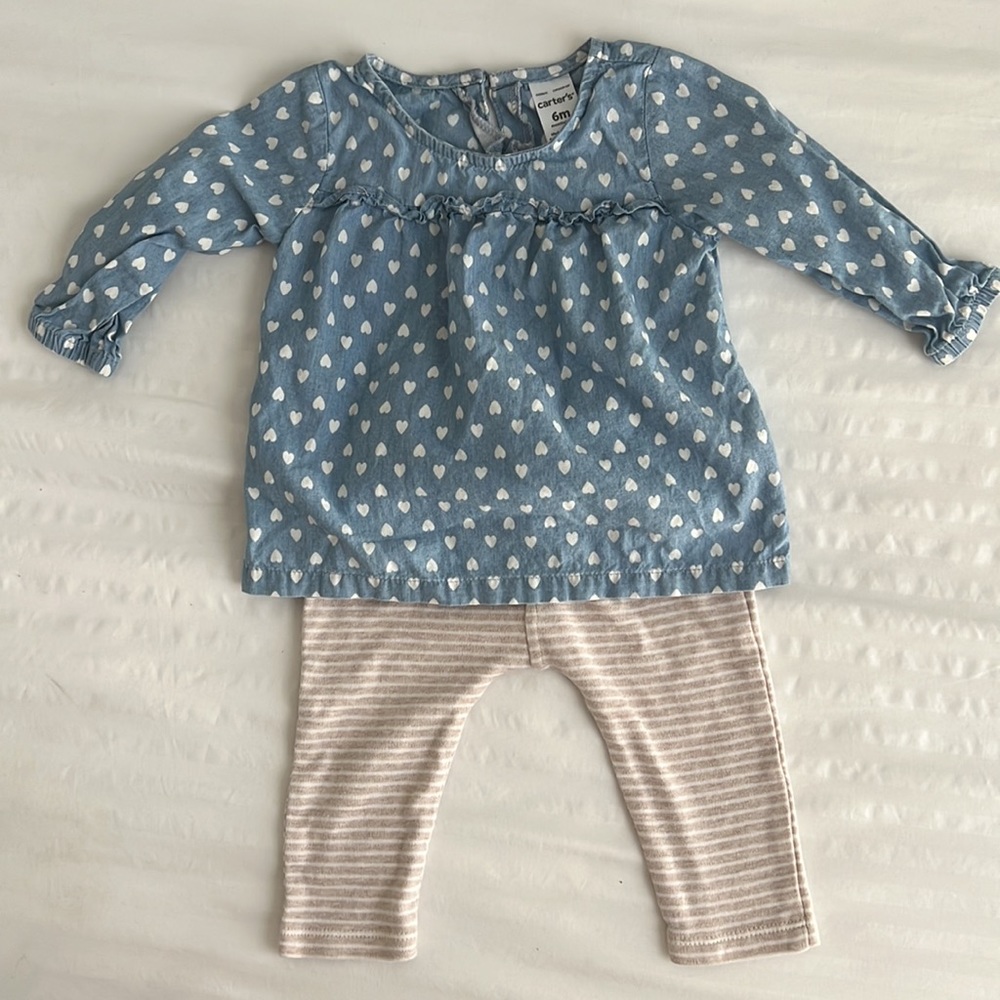 Chambray heart top with striped pants